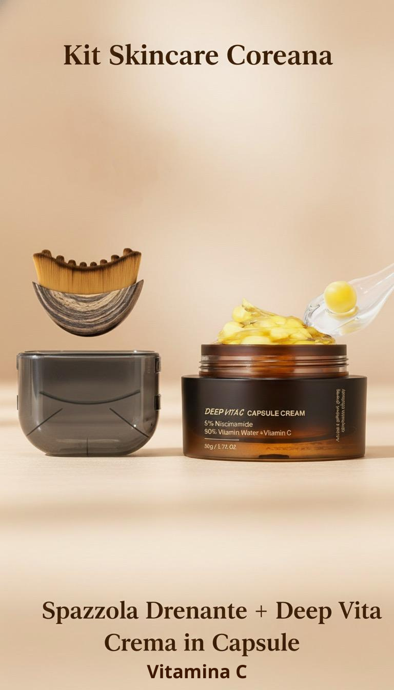 Kit Skincare Coreana VISO&CORPO: Spazzola Drenante + Crema in Capsule alla Vitamina C
